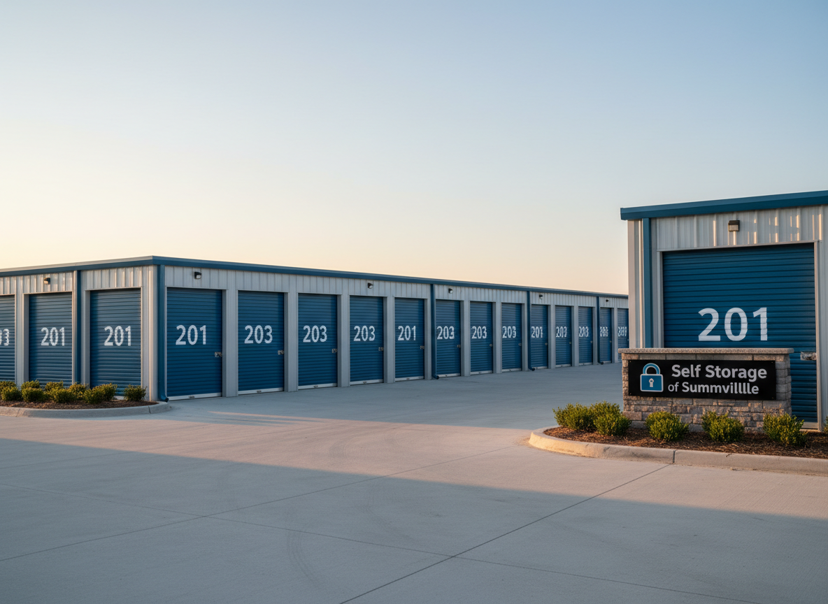 A modern self storage facility exterior featuring rows of freshly painted, roll-up metal doors in a cohesive palette of soft gray and deep blue, each door numbered clearly with bold white digits. The clean concrete drive aisles are wide and unobstructed, framed by neatly trimmed shrubs and a bright, well-maintained monument sign reading “Self Storage of Summerville.” Late afternoon natural light creates a warm, golden glow across the metal surfaces, casting crisp, reassuring shadows that emphasize order and security. Photographed from a slightly elevated eye-level angle with sharp focus throughout, the composition highlights accessibility and tidiness. The sky is clear with a soft gradient, enhancing a calm, dependable atmosphere. Photographic realism with a clean, contemporary aesthetic suitable for a professional storage website hero image.