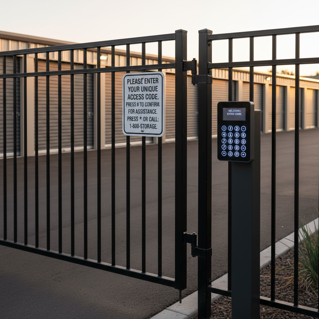 A secure keypad entry gate at a self storage facility, featuring a sturdy black metal gate with vertical bars and a sleek, pedestal-mounted keypad in the foreground. The keypad has illuminated, backlit numbers and a small screen showing a welcoming message, with a neatly printed instruction sign attached beside it. Behind the gate, rows of storage buildings with uniform doors extend into the distance. Early evening light creates a soft, warm glow, while discreet LED security lights along the fence and building edges begin to glow, suggesting 24/7 access and monitoring. Shot from a close, three-quarter angle focused on the keypad, the background gently blurs to highlight the entrance system. The atmosphere is safe, professional, and trustworthy, captured in clean, photographic realism ideal for illustrating secure access features.