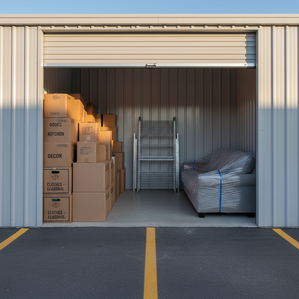 An organized drive-up self storage unit with its roll-up door fully open, revealing neatly stacked, clearly labeled cardboard boxes, a disassembled metal shelving unit, and a covered sofa wrapped in protective plastic. The unit’s interior walls are smooth, light-colored metal, and the concrete floor is spotless. Soft midday sunlight filters in from outside, illuminating the contents and casting gentle shadows toward the back of the unit, emphasizing depth. Just outside the unit, the wide asphalt drive is visible with bright yellow painted lines indicating driving lanes. Captured from just inside the doorway at eye level, the composition frames the unit’s interior while hinting at the larger facility beyond. The mood is practical, orderly, and stress-free, rendered in crisp photographic realism to showcase how belongings can be stored safely and efficiently.